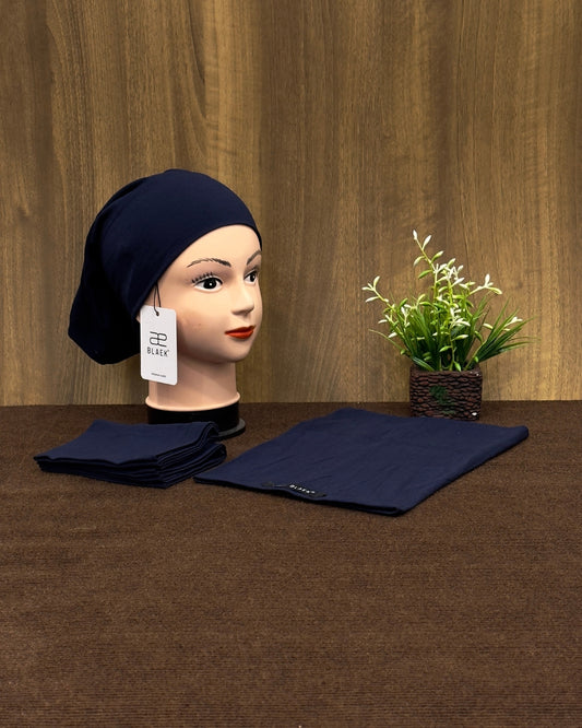 Navy blue tube cap made from soft, stretchable fabric.